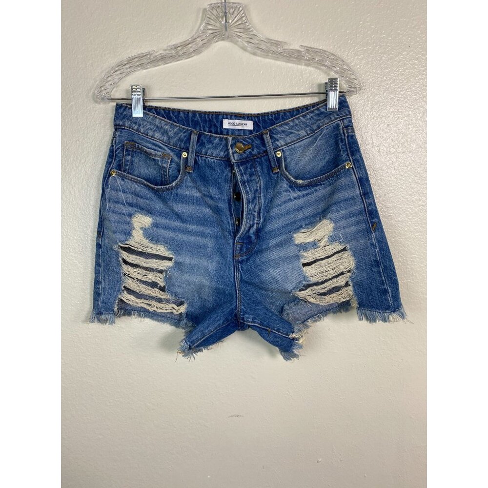 Good American Distressed Denim Jean Shorts sz 27 High Rise Frayed Hem Button Fly